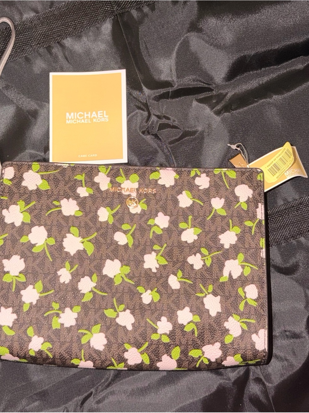 Michael Kors Brown Floral Zip Pouch with Pink & Green Accents
